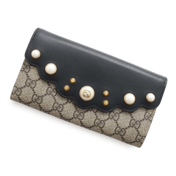 Gucci Wallet Leather Supreme Faux GG Black Continental Pearl - Picture 1 of 8